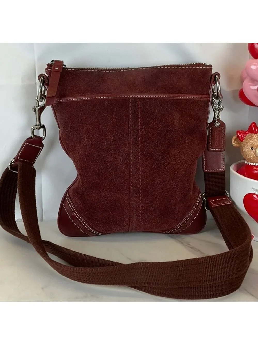 Coach Y2K Vintage Red Burgundy Suede‎ Shoulder Crossbody Messenger Bag